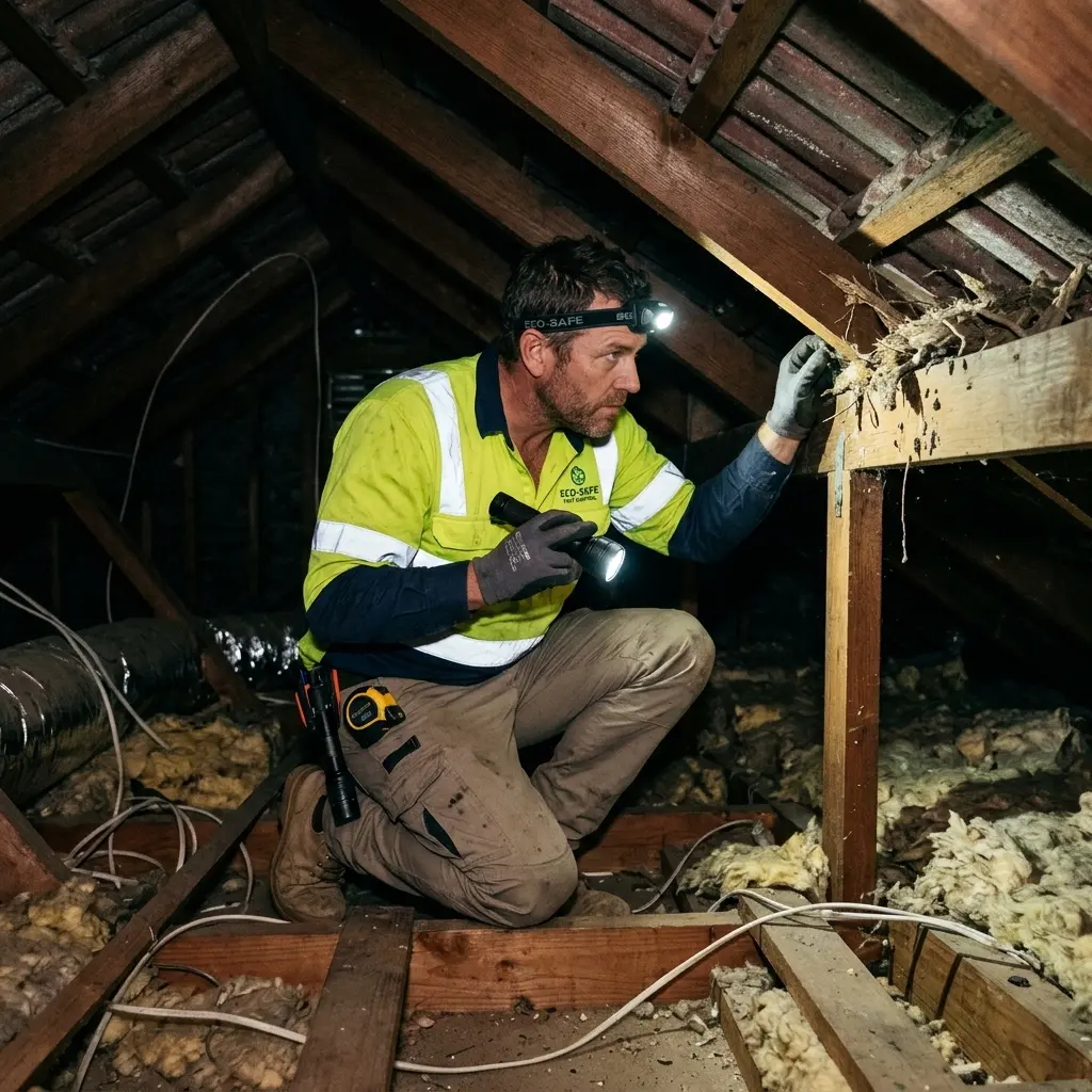 Technician inspecting a roof cavity for a dead animal in South Yarra