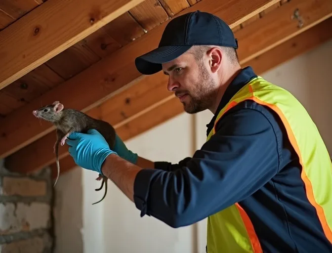 Technician inspecting a roof cavity for a dead rat in South Yarra